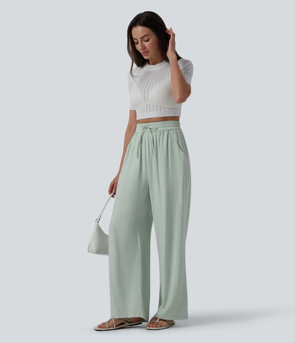 Halara Linen Blend Wide Leg Pants Seafoam M Tall High Rise Drawstring NWT